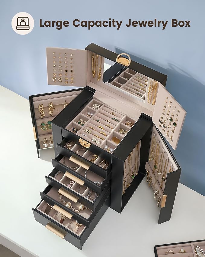 Lolalet Large Jewelry Box Organizer for Women, 6-Layer Jewelry Organizers and Storage Case with Mirror & 5 Drawers, Lockable Watch Ring Earring Bracelet Necklace Holder Girls Gift -6Layer, Black - Image 2