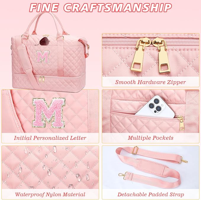 Gifts for Women Girls Initial Travel Duffle Bag Quilted Weekender Carry-On Overnight with Cosmetic Bag, Gym Bag with Shoe Compartment, Pink M - Image 6