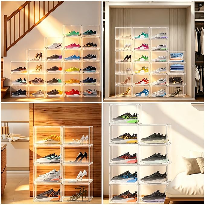 6 Pack Clear Acrylic Shoe Storage Boxes Stackable,Size 14 Large Sneaker Storage Organizer Bins with Magnetic Door,Plastic Shoe Containers for Closet,Fits High Top Sneakers for Men Women up to Size 13 - Image 9
