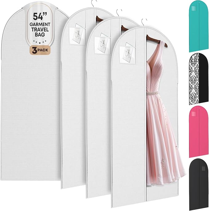 Luxury On the Go Black Suit Bag, Dress, and Travel Gown Garment Bags – 54" Hanging Garment Bag with Clear ID Window – Lightweight & Tear-Resistant – 3 Pack for Dresses, Prom, Evening Gown by YourBags