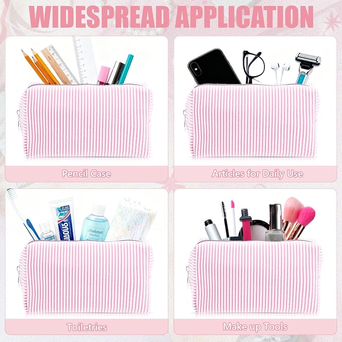 Giesiery 8 Pcs Seersucker Makeup Bags Striped Cosmetic Bags Bulk Organizer for Women Preppy Travel Toiletry Pouch for Wedding Bridesmaid Gifts (Light Pink, Medium) - Image 7