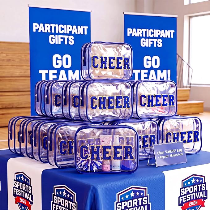Kacctyen 12 Pack Cheer Clear Makeup Bags Bulk with Chenille Cheer Letter Patch Small Waterproof Cosmetic Pouch Zipper Travel Toiletry Bag Organizer for Women Girls Cheerleading Team Gift, Blue - Image 7