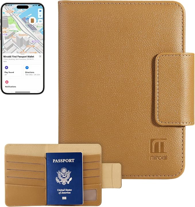 Miroddi Passport Holder for Travel, Works with Find My, Premium Leather Passport Wallet Card Holder for Men and Women, Trackable Passport Cover Case with 8 Card Slots, RFID Blocking, ID Window, Brown by miroddi