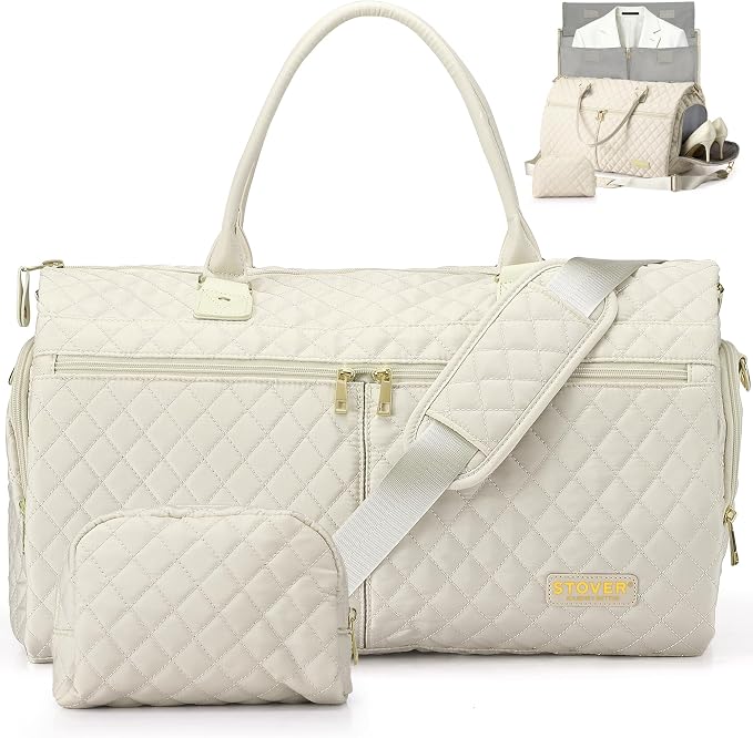 STOVER Women’s Convertible Garment Duffel Bag for Travel – 2-in-1 Carry-On Weekender/Overnight Tote - Wrinkle-Free Dresses, Suits & Clothes + Shoe Compartment & Bonus Toiletry Bag (Cashmere Cream) by STOVER