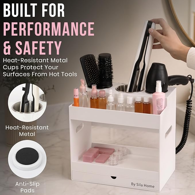 Hair Tool Organizer Countertop Extra Wide Bay | Bathroom & Hot Tools Organizer For Hair | Hairdryer Holder For Bathroom Vanity | Hot Tools Storage for Curling Iron Straightener, 3 Stainless Cups White - Image 7