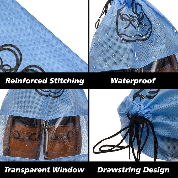 Kuber Industries Shoe Cover | Travel Shoe Storage Bags | Non-Woven Storage Bag | Shoe Cover with Drawstring | Shoe Organizer with Clear window | Plain | Pack of 24 | Sky Blue - Image 4