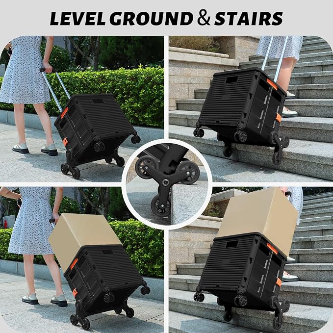 FELICON SELORSS Folding Utility Climber Cart Portable Rolling Crate-Black | Stair Climbing Wheels+360°Swivel Wheels,Telescoping Handle,Plastic Box Dolly for Travel Shop Move Laundry Office Teacher Use - Image 3