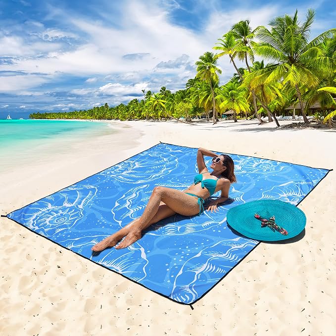 HIHOHO Beach Blanket Waterproof Sandproof Beach Mat 79”x 83” for 1-8 Adults Quick Drying Durable Outdoor Picnic Mat for Beach Festival Travel Camping Hiking (Conch Shell-BL, 79"×83"(4 Person)) - Image 2