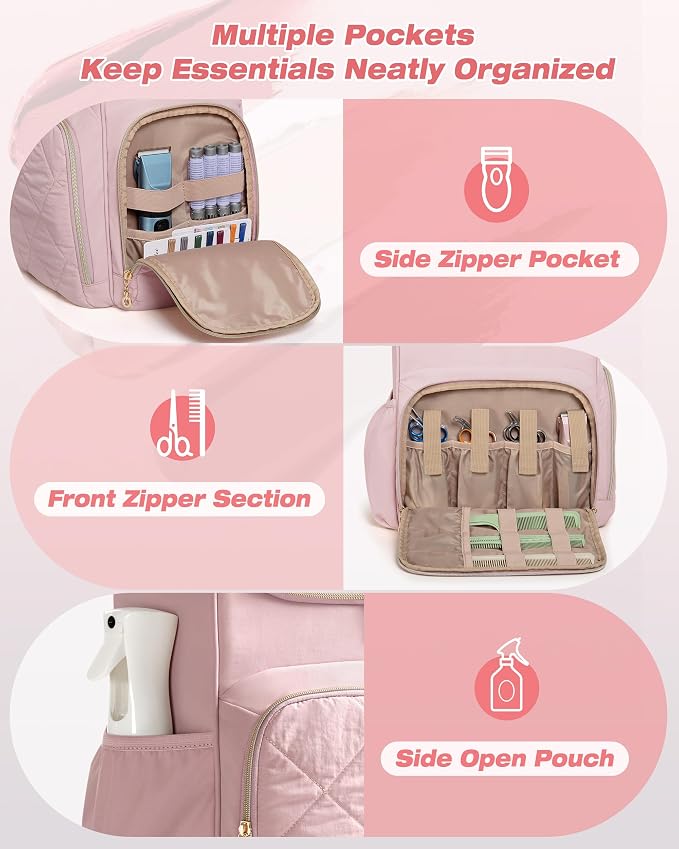 Marscamd Insulated Hairstylist Travel Bag Backpack with Detachable Dividers and Multiple Pockets, Quilted Hair Tool Travel Bag with Multiple Pockets for Hairstylist and Barber, Pink - Image 3