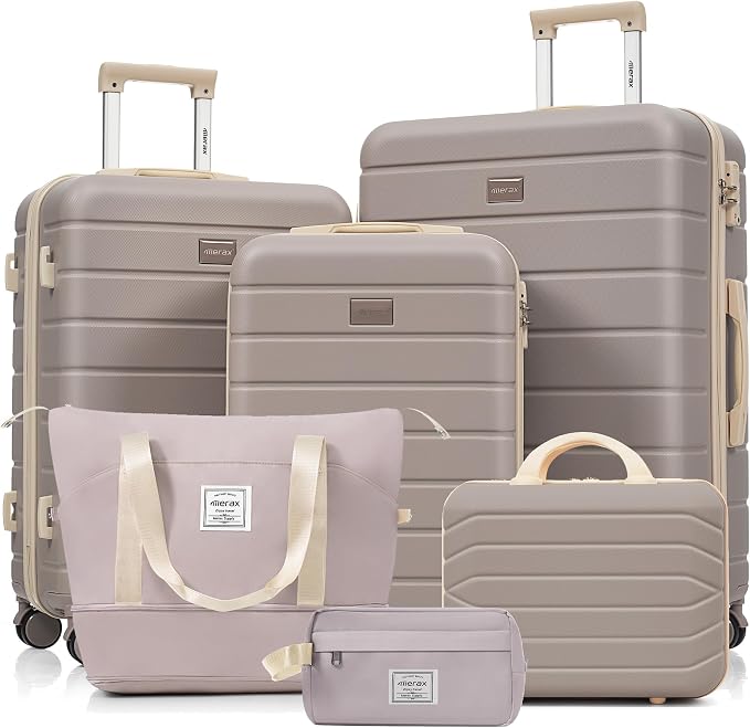 Hardshell Luggage Sets, Lightweight Stripes Suitcases with Spinner Wheels, Rosybrown 6pcs by Merax
