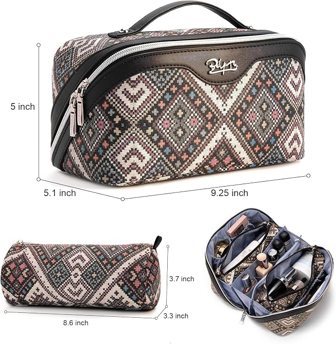 BOYATU Travel Makeup Bag Organizer: Boho Large Capacity Cosmetic Bag Sets | 3Pcs Waterproof Leather Toiletry Bags | 180°Open Flat Make up Case with Compartments | Western Travel Essentials for Women - Image 2