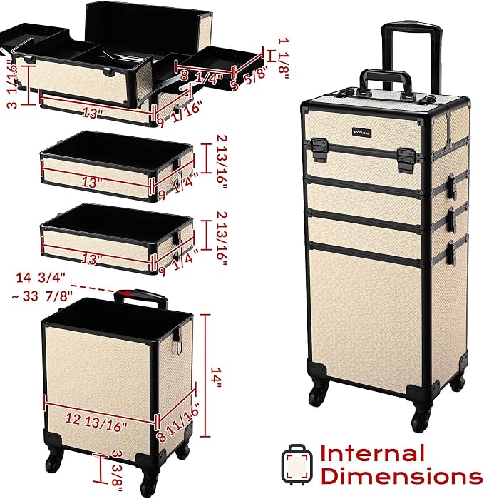 BYOOTIQUE Rolling Makeup Case 4in1 Cosmetology case on wheels Makeup Artist | Aluminum Rolling Makeup Suitcase with 360° Detachable Wheel Lockable 54Lb Large Capacity Organizer Nail Tech AD Pastel - Image 9