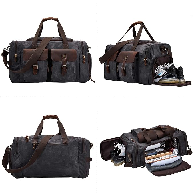 Waxed Canvas Duffel Bag with Shoe Compartment | Waxed Canvas Travel Bag for Men, Genuine Leather Trim, Shoe Compartment, Front Pockets, Weekend, Overnight and Carry-On Use - Image 8