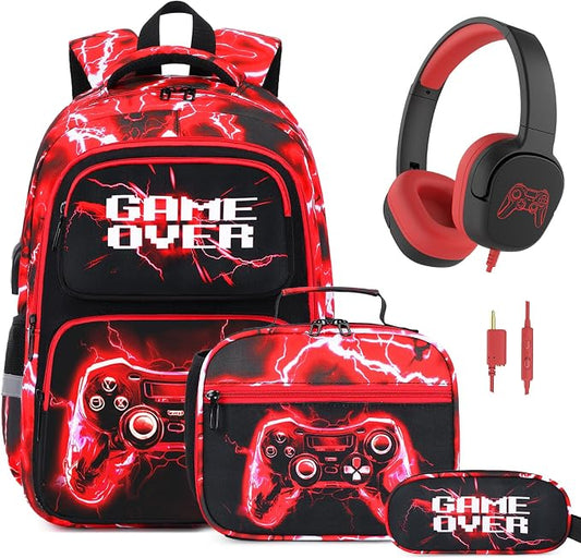 Bevalsa Backpack for Boys, School Bags for Kids with 3.5mm Jack Wired Headphones, Lunch Box & Pencil Case, Gamer Backpack for Kids Children Teens for Elementary Middle School Student (Red Lightning) by Bevalsa
