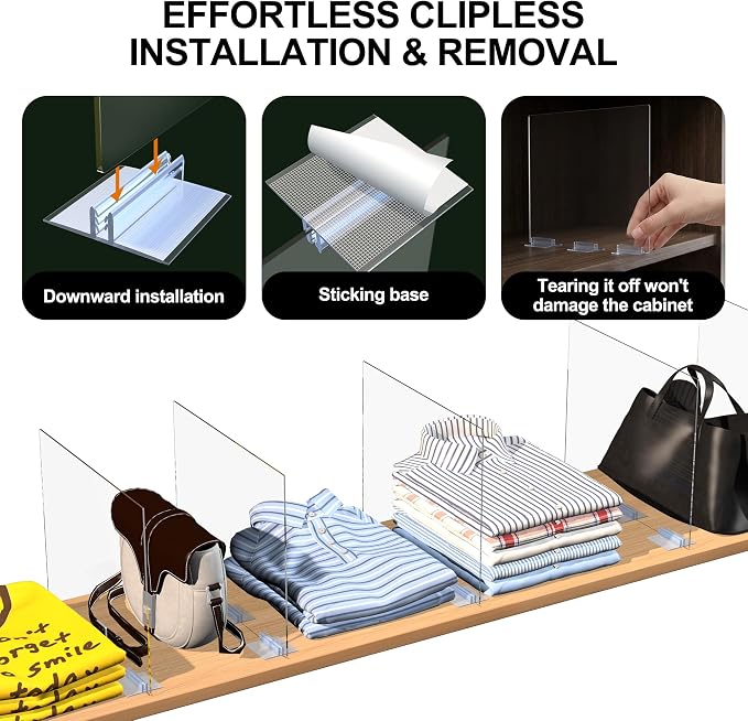 Acrylic Shelf Dividers for Closet Organization - 4 Pack Clear Removable 10/11.8" Tall X 11.8/10" Deep Sturdy Separators for Wood Cabinet - Vertical Adjustable Storage Clothes,Purse,Bag Organizer - Image 4