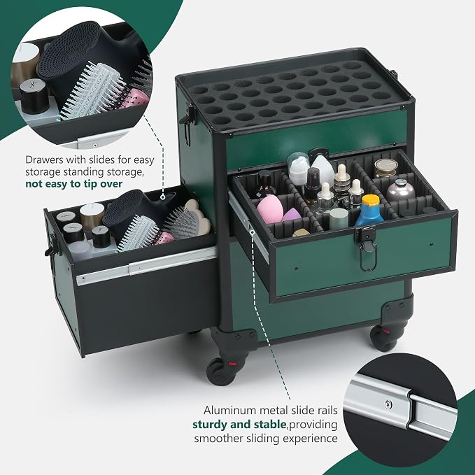 Somduy Rolling Makeup Case with Drawer, Makeup Train Case, 4 in 1Cosmetology Case on Wheels, Christmas Gift, Large Makeup Case Organizers, Profesional Cosmetic Case for Salon Barber, Green - Image 7