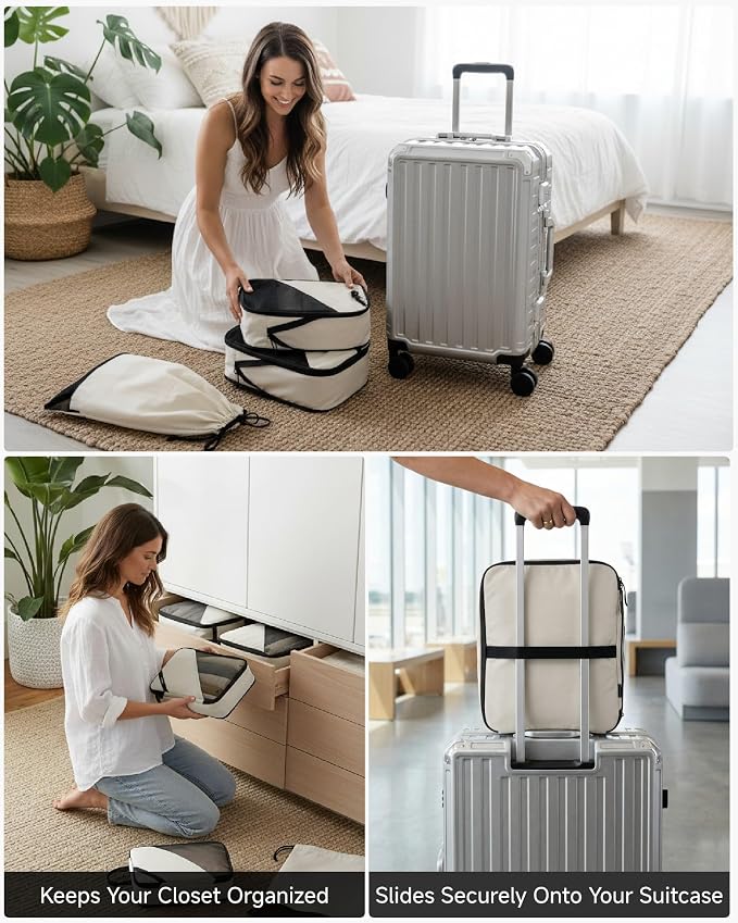 LUGGEX Compression Packing Cubes for Travel, 6 Set Lightweight Luggage Organizer Bags with Shoe Bag, Space Saving Suitcase Packing Cubes for Carry-On with Breathable Mesh, Double-Zipper (POX01, Beige) - Image 7