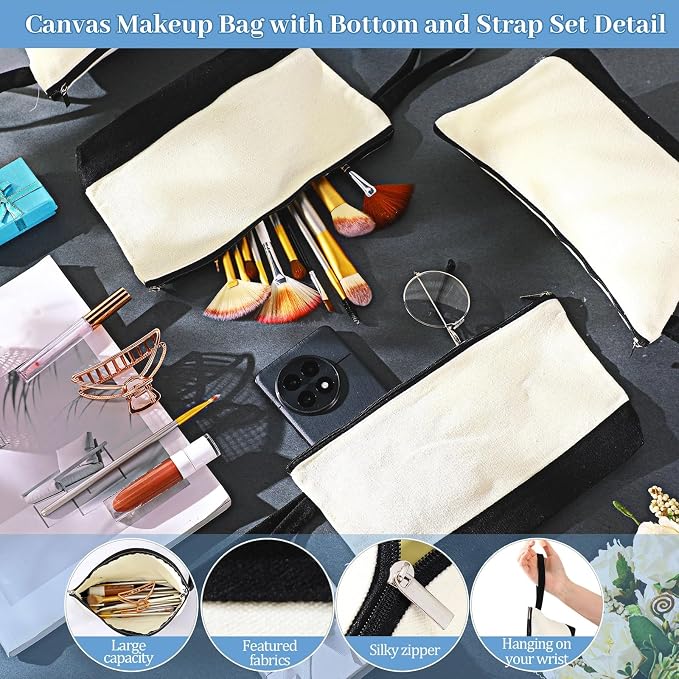 Silkfly 15 Pcs Cotton Canvas Makeup Bags Cosmetic Zipper Bags 10.2 x 5.5 x 2'' Blank DIY Pouch Bulk Pencil Case with Bottom Travel Toiletry Pouch for Women Craft Decor Gift (Classic Color) - Image 3