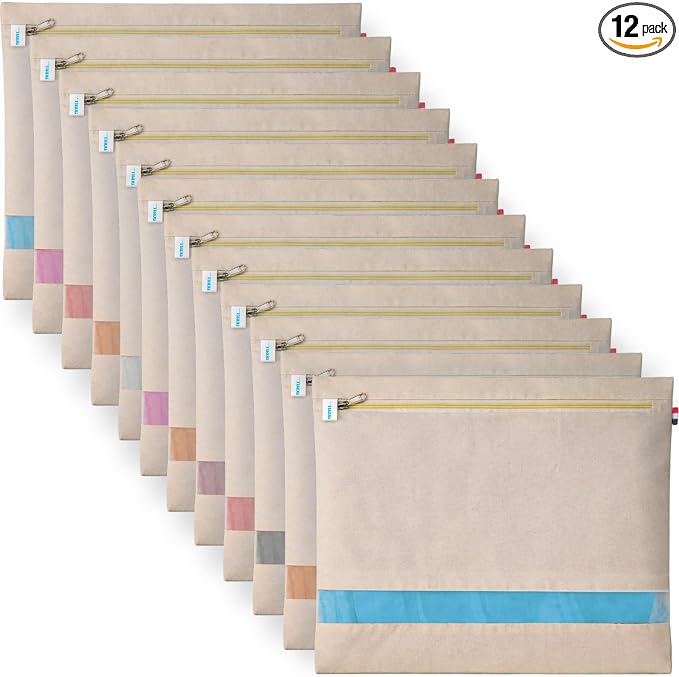 Cotton Canvas Saree Storage Bags | Wardrobe Organizer, Clothes Storage Covers with Zip Closure & Transparent Mesh Net Window, Cotton Organizer | Dress,Saree | Beige – 16 x 14 Inches - Set of 12 by Skrill