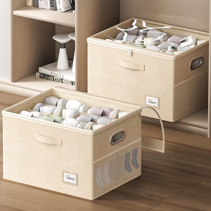 2 Pack Shoe Organizer for Closet Large Shoe Box Storage Containers with Clear Window Space Saving Shoe Bin with Foldable Bottom Support Adjustable Dividers Fits 32 Pairs (Beige, (19.7x15.7x13inch)x2) - Image 2