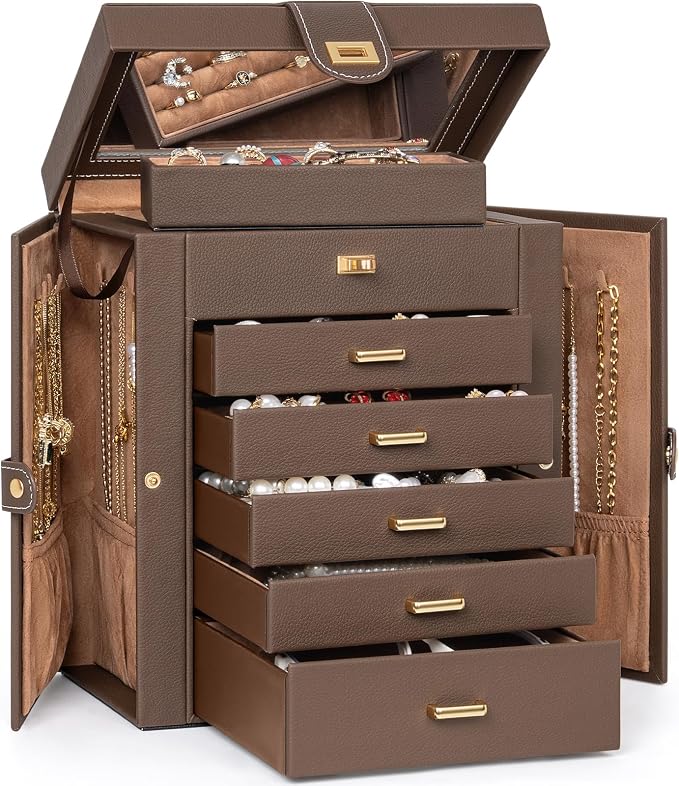 AKOZLIN 6-Tier Jewelry Box Organizer Functional 5 Drawers Leather Jewelry Storage Case for Women Girls Ring Necklace Earring Bracelet Holder Organizer with Mirror Medium Brown - Image 7