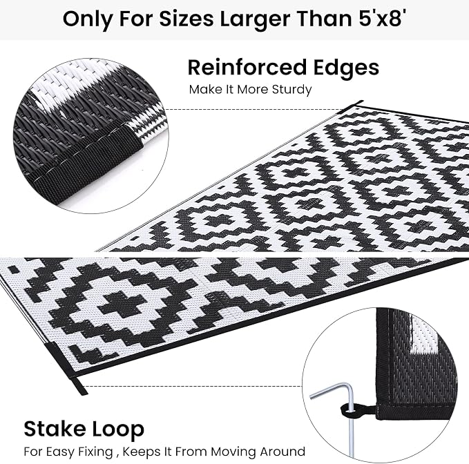 Smiry Waterproof Outdoor Rug 8x10 ft, Reversible Plastic Straw Patio Camping Rugs, Outdoor Indoor RV Mat Carpet for Patio, Outside Entry, Backyard, Deck, Bench, Picnic, Camper, Black & White - Image 4