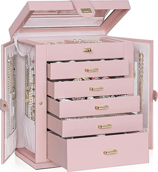 AKOZLIN 6-Tier Jewelry Box Organizer Functional 5 Drawers Leather Jewelry Storage Case for Women Girls Ring Necklace Earring Bracelet Holder Organizer with Mirror XL Pink 360° Rotating by AKOZLIN