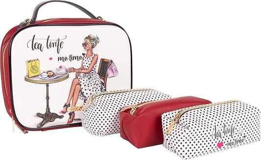 Nicole Lee Travel Handbag Crossbody Set with 3 Fashion Print Makeup Pouches, Women's Cosmetic Toiletry Organizer (Tea Time Me Time) by NicoleLee