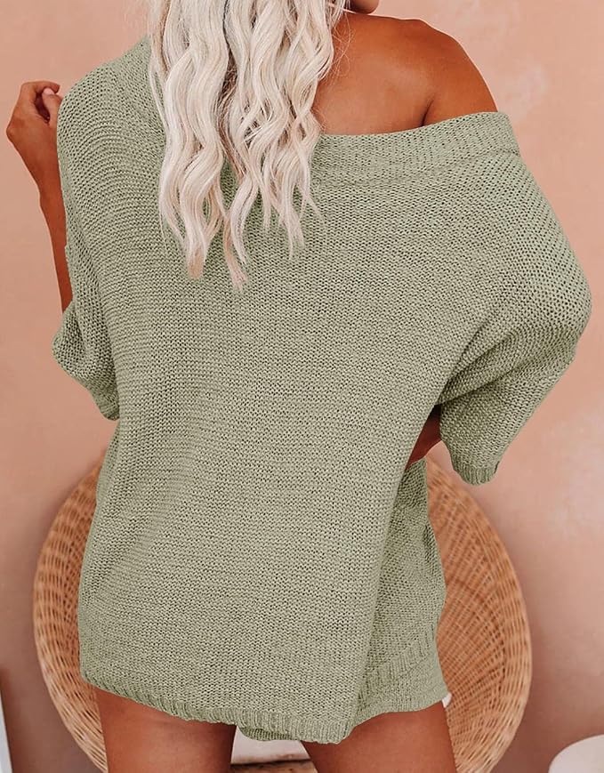 Ermonn Womens 2 Piece Outfits Sweater Sets Off Shoulder Knit Tops Waist Short Suits Casual Pajama Set - Image 3
