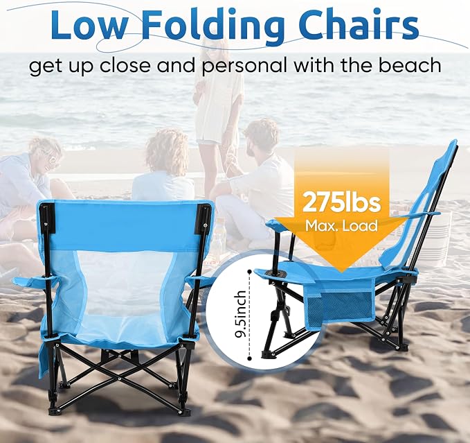 HaSteeL Folding Beach Chair Set of 2, Foldable Blue Camping Chairs for Outside, Low Beach Chair Portable for Adults Fishing, Picnic, Outdoor BBQ, Travel, Sports, Cup Holder & Storage Bag - Image 7