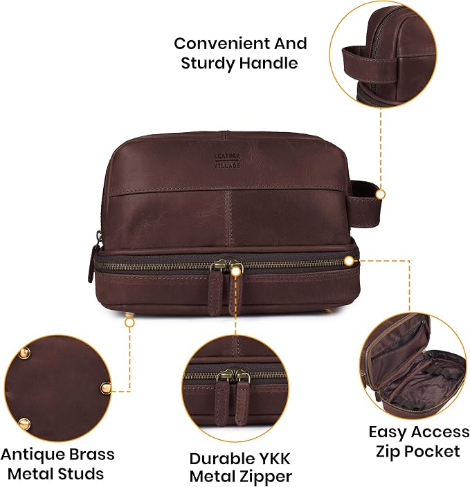 LEATHER VILLAGE Leather Toiletry Travel Bag with Waterproof Lining, Large Capacity Vintage Dopp Kit, 180° Wide Open Shaving & Cosmetic Organizer for Men & Women - Cherry - Image 4