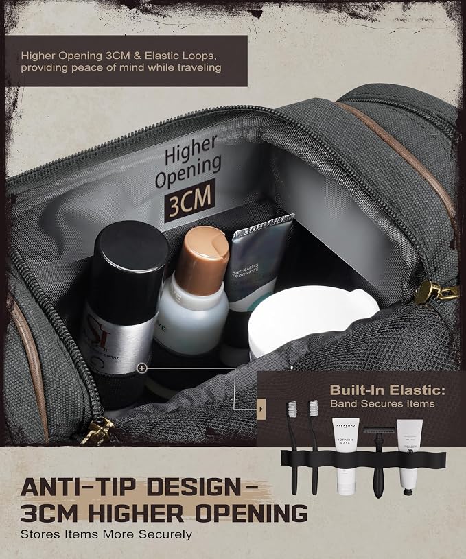 ARCFOX Travel Hanging Toiletry Bag for Men, Vintage Canvas Large Toiletry Bag with 7 Compartments, Camping Gym Travel Toiletry Kit Organizer with PVC Wet & Dry Pockets, Personalized Wash Bag, Black - Image 6