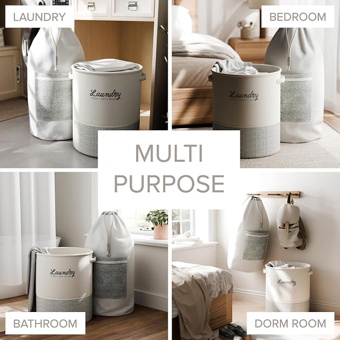 RGI Home 2-Piece Laundry Bag and Basket Set with Easy-Carry Handles, Heavy Duty Canvas and EVA, Durable and Stylish for Laundry Storage, Cream with Light Gray and White Accents - Image 3