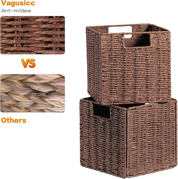 Vagusicc Wicker Storage Basket, Set of 2 Hand-Woven Storage Baskets for Shelves, Foldable Cube Storage Baskets Bins with Handles, 9 inch Small Wicker Baskets for Organizing Pantry Bedroom, Brown - Image 2