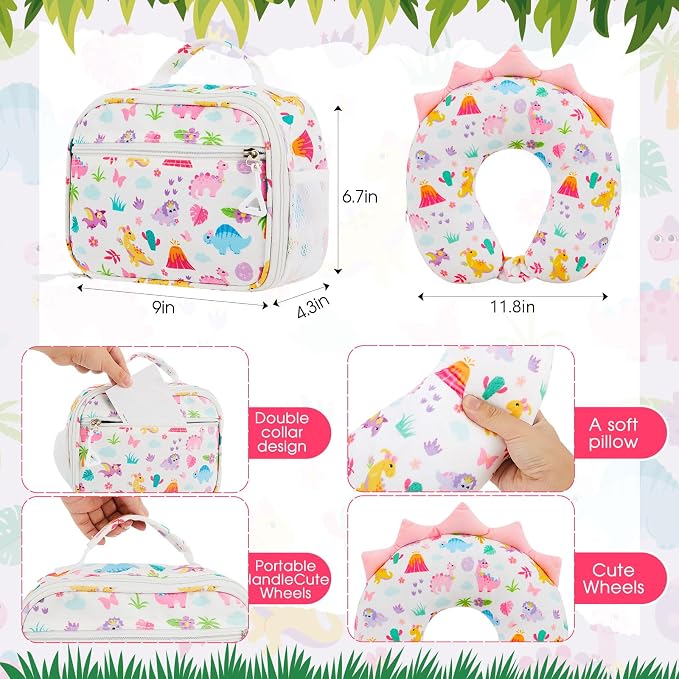 Redbaker 6 Pcs Kids Luggage Set, 17 Inch Rolling Suitcase with Backpack Lunch Bag Neck Pillow, Pink Dinosaur Travel Set for Summer Vacation Sleepover Back to School Gift - Image 5