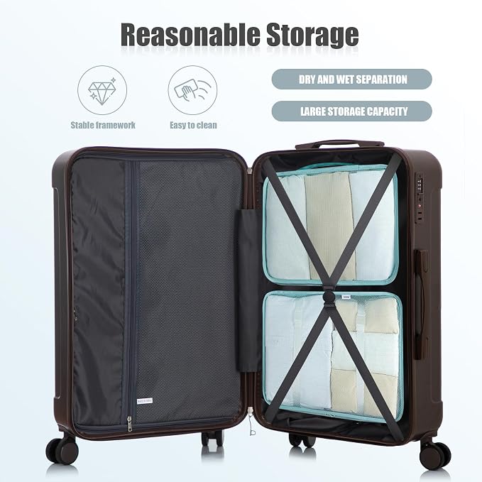 Hardshell Luggage Sets, Lightweight Stripes Suitcases with Spinner Wheels, Brown-222 - Image 4