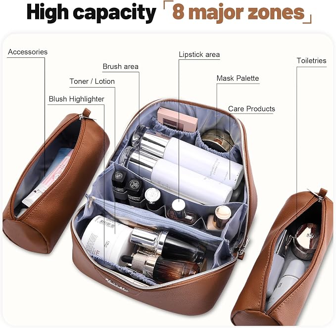 BOYATU Travel Makeup Bag Cosmetic Bags for Women: Large Capacity 3 Pcs Set Make up Bag with Compartments - Waterproof Vegan Leather Toiletry Organizer Bags with Handle (L25Brown) - Image 4