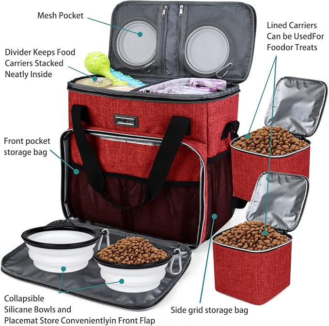 BAGLHER Dog Travel Bag, Pet Travel Bag (ALL Pet Travel Supplies), With 2 Pet Food Containers and 2 Collapsible Silicone Bowls; Essential Kits for Travel Red - Image 5
