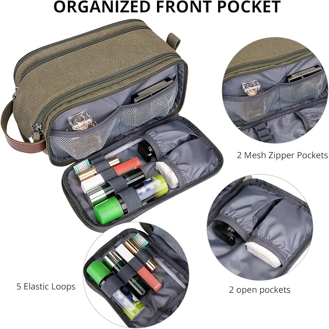 WITZMAN Canvas Toiletry Bag for Men Travel Toiletries Large 7L Dopp Kit | Multi-pockets with Dry-wet Pocket, Side Handle for Hanging, Lightweight, For Daily Use, Bathroom, Make up, A8002 Army Green - Image 4