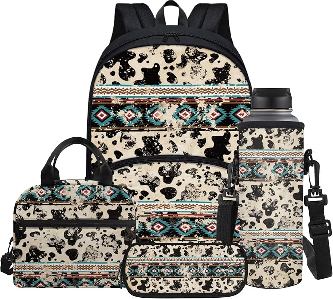 Aztec Ethnic Tribal Cow Print 17 Inch Backpack for Kids Large Capacity Bookbag with Thermal Insulated Lunch Box Pencil Case & Water Bottle Cover 4 in 1 by Glomenade