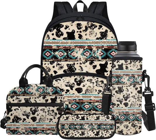 Aztec Ethnic Tribal Cow Print 17 Inch Backpack for Kids Large Capacity Bookbag with Thermal Insulated Lunch Box Pencil Case & Water Bottle Cover 4 in 1 by Glomenade