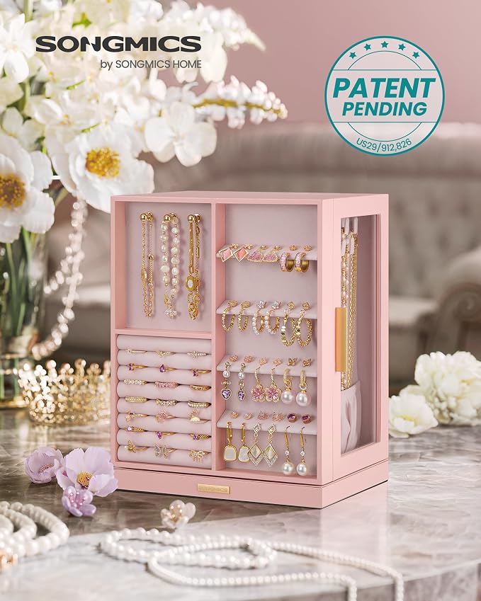 SONGMICS GISELLA Collection - Jewelry Box Organizer 360° Rotating, Vertical Jewelry Storage Case with 5 Drawers, Glass Window, Spacious, Open Design, Great Gift, Pink UJBC170R01 - Image 2