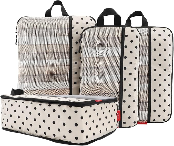 U+U 4 Set Compression Packing Cubes - Ultralight Travel Organizers, Space-Saving Suitcase Organizer, Expandable Packing Organizers for Travel Essentials (Polka Dot) by UU