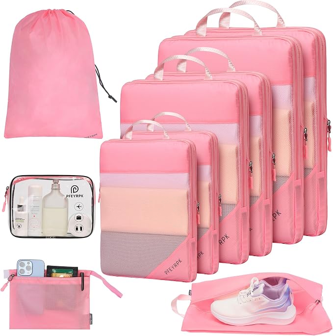 PFEYRPK Lightweight Compression Packing Cubes for Suitcases, Compressible Expandable Travel Packing Organizer with Clear Toiletries and Backpack Bag, Travel Essentials for Carry on Luggage 7 Set by PFEYRPK