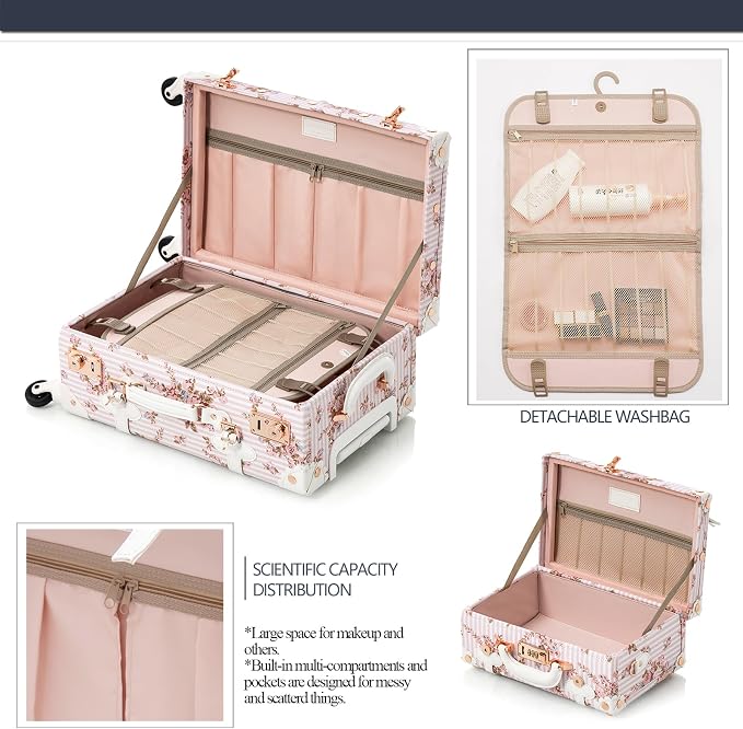 COTRUNKAGE Vintage Trunk Luggage Set Carry On Suitcase for Women (13" & 20", Pink Floral) - Image 4
