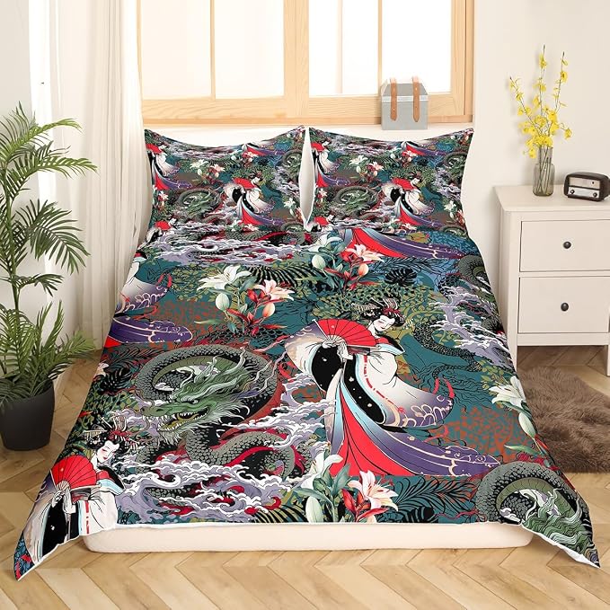 Dragon Duvet Cover Queen Japanese Style Exotic Bedding Sets Animal Pattern Plant Floral Decor Comforter Cover Asian Culture Theme Bedding with Zipper Ties Soft Luxury Duvet Cover for Adult Women Girls - Image 4