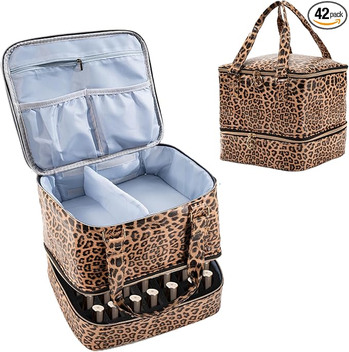 Uross Nail Polish Organizer Bag Holds 42 Bottles Nail Polish & Nail Lamp, Gel Nail Polish Organizers and Storage box for Nail Tech, Nail Kit Supplies Organizer Case - Leopard by Uross