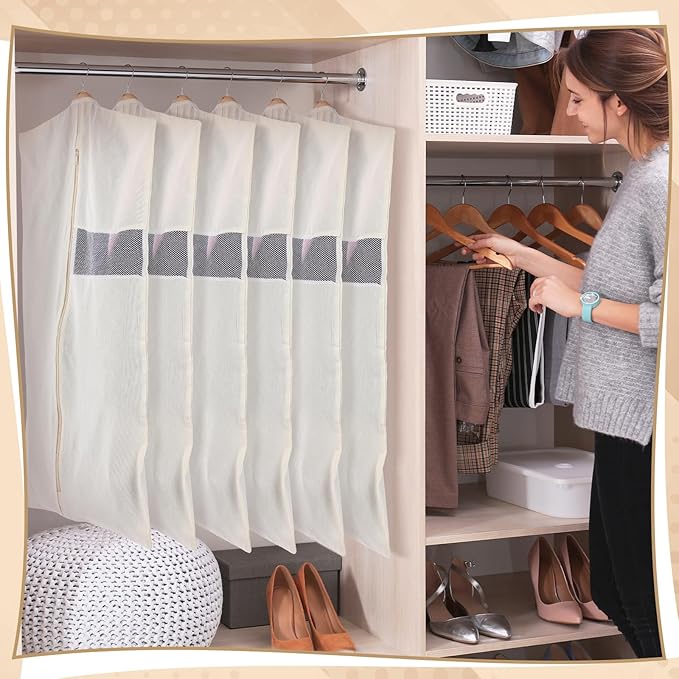 Aliceset 6 Pcs 24 x 40 Inches Cotton Garment Bags for Hanging Clothes, Canvas Suit Bags for Clothes Coats Jackets Shirts Closet Storage Travel Gusseted Hanging Garment Cover - Image 5