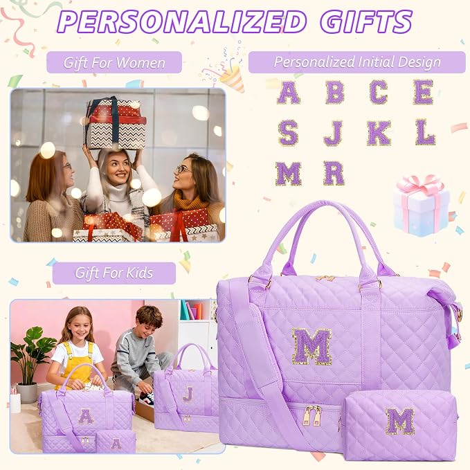 Gifts for Teenage Girl Initial Travel Duffle Bag Quilted Weekender Bags Carry-On Overnight with Cosmetic Bag, Gym Bag with Shoe Compartment Hospital Bag for Women Labor Delivery, Purple-M - Image 3
