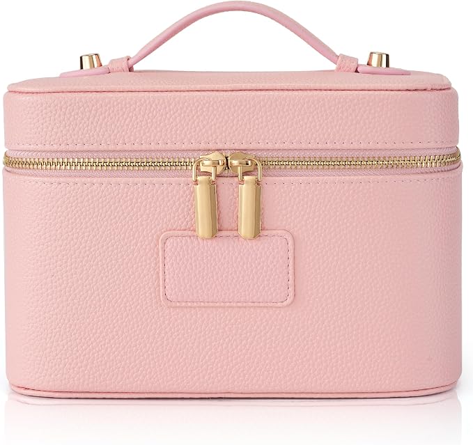 Makeup Bag Travel Toiletry Leather Cosmetic Case, Waterproof Makeup Organizer with Brush Holder, Wipe Clean Removable Divider Vanity Train Bag for Women, Pink by Unknown